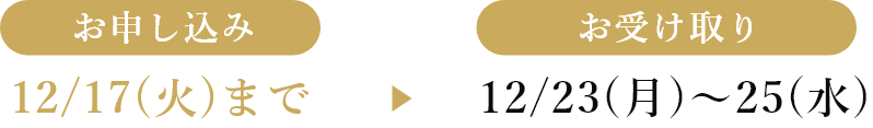 [お申し込み]12月17日(火曜日)までの場合、[お受け取り]12月23日(月曜日)～25日(水曜日)