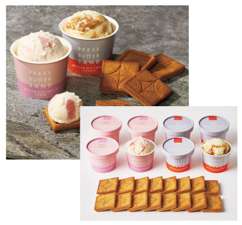 ＜PRESS BUTTER SAND＞バターアイスクリーム〈桃・キャラメル〉・クッキーセット