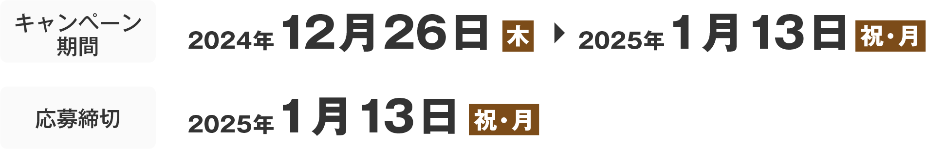 キャンペーン期間は、2024年12月26日(木曜日)から2025年1月13日(祝日・月曜日)まで。応募締切は、2025年1月13日(祝日・月曜日)まで。