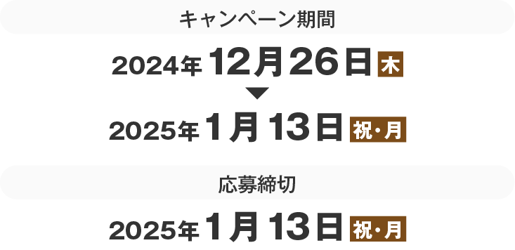 キャンペーン期間は、2024年12月26日(木曜日)から2025年1月13日(祝日・月曜日)まで。応募締切は、2025年1月13日(祝日・月曜日)まで。