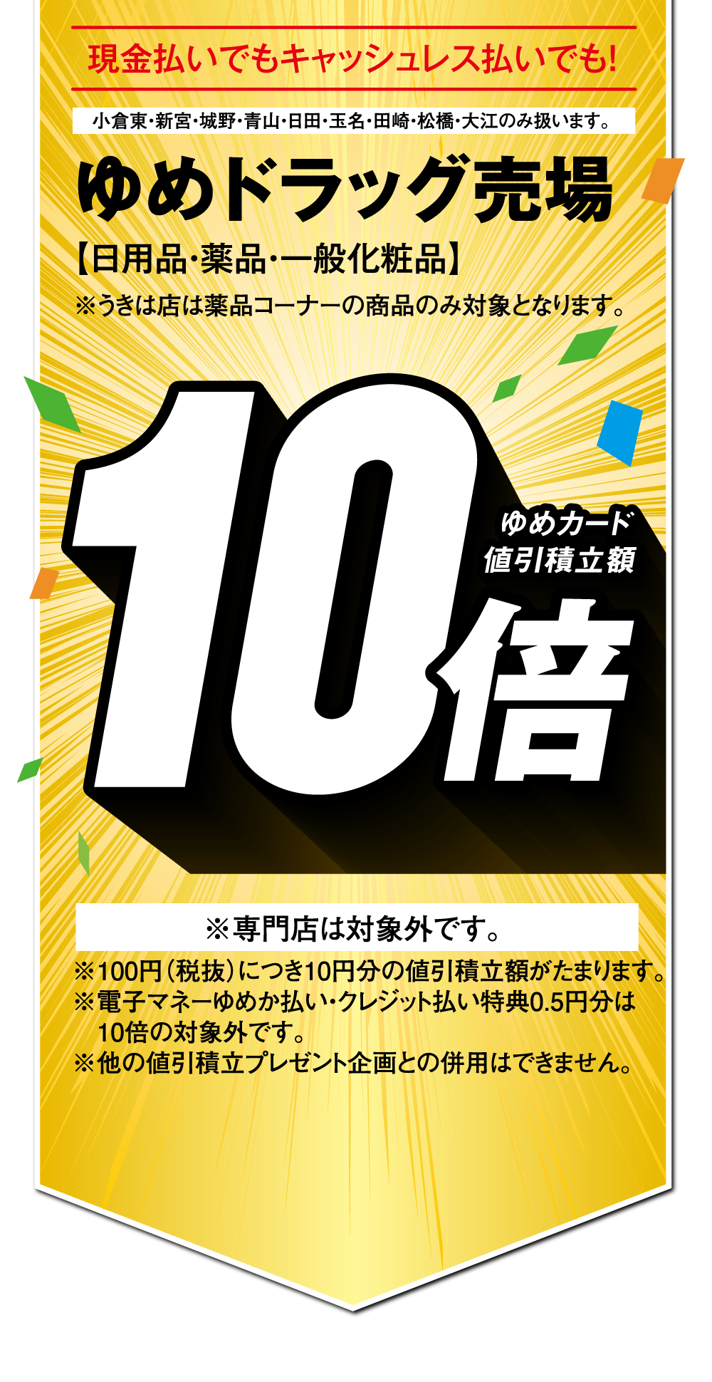 現金払いでもキャッシュレス払いでも！【ゆめドラッグ売場 日用品・薬品・一般化粧品 ゆめカード値引積立額10倍】小倉東・新宮・城野・青山・日田・玉名・田崎・松橋・大江のみ扱います。※うきは店は薬品コーナーの商品のみ対象となります。※専門店は対象外です。※100円（税抜）につき10円分の値引積立額がたまります。※電子マネーゆめか払い・クレジット払い特典0.5円分は10倍の対象外です。※他の値引積立プレゼント企画との併用はできません。