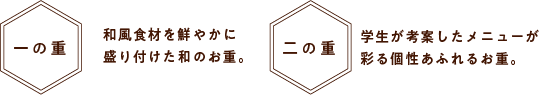 一の重 和風食材を鮮やかに
        盛り付けた和のお重。 二の重 学生が考案したメニューが
        彩る個性あふれるお重。