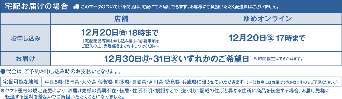 お申し込みは店舗が12月20日(金曜日)18時まで 「宅配商品専用お申し込み書」に必要事項をご記入の上、売場係員までお申しつけください。 ゆめオンラインが12月20日(金曜日)17時まで お届けは12月30日(月曜日)・31日(火曜日)いずれかのご希望日※時間指定はできかねます。●代金は、ご予約お申し込み時のお支払いとなります。宅配可能な地域は中国5県・福岡県・大分県・佐賀県・熊本県・長崎県・香川県・徳島県・兵庫県に限らせていただきます。（一部離島にはお届けできかねますのでご了承ください。）※ヤマト運輸の規定変更により、お届け先様の長期不在・転居・住所不明・誤記などで、送り状に記載の住所と異なる住所に商品を転送する場合、お届け先様に転送する送料を着払いでご負担いただくことになりました。