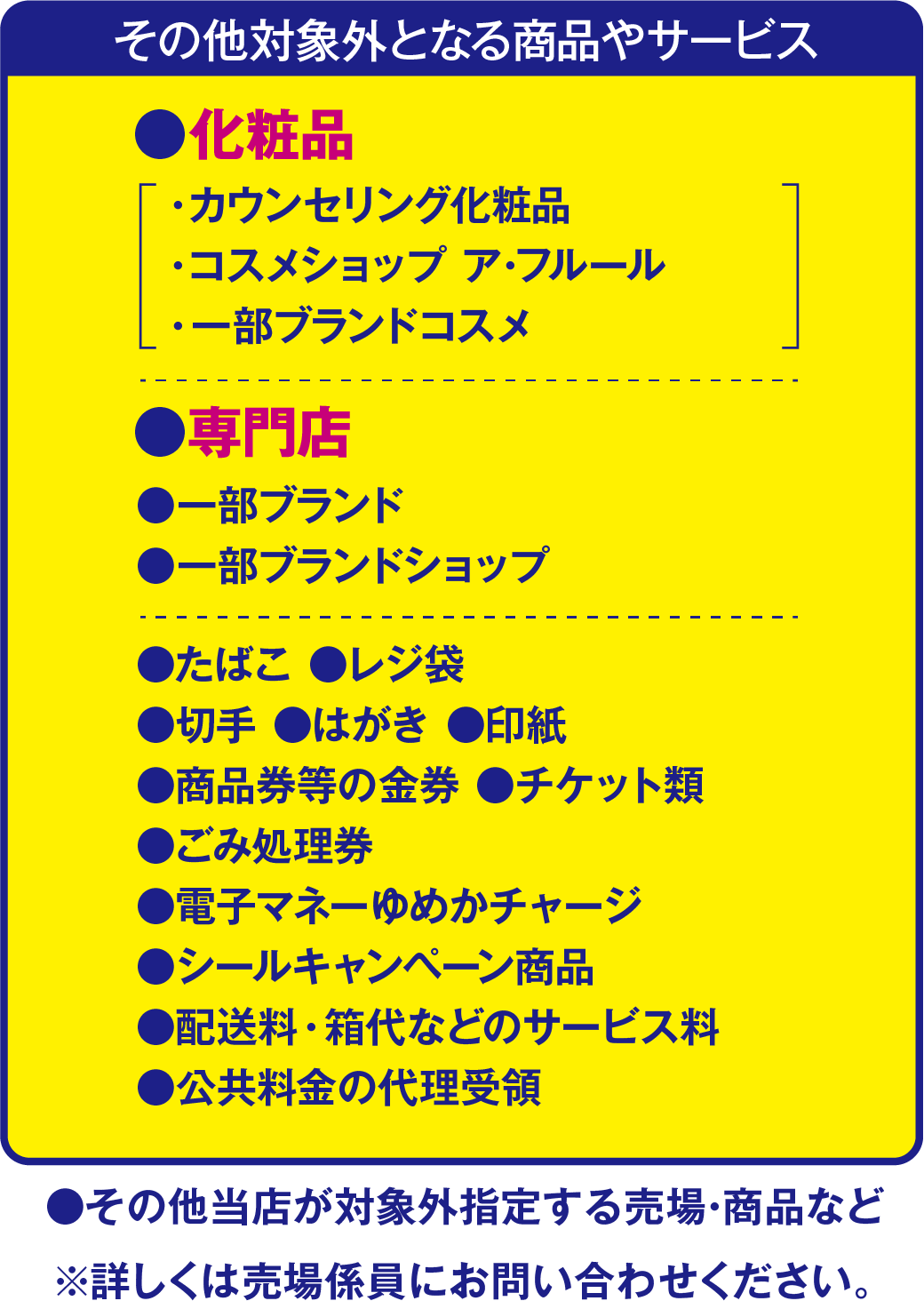 その他対象外となる商品やサービスは、一部化粧品（カウンセリング化粧品、コスメショップア・フルール、一部ブランドコスメ）、専門店（一部ブランド、一部ブランドショップ）、たばこ、レジ袋、切手、はがき、印紙、商品券等の金券、チケット類、ごみ処理券、電子マネーゆめかチャージ、シールキャンペーン商品、配送料・箱代などのサービス料、公共料金の代理受領、その他当店が対象外指定する売場・商品などが対象外となります。詳しくは売場係員にお問い合わせください